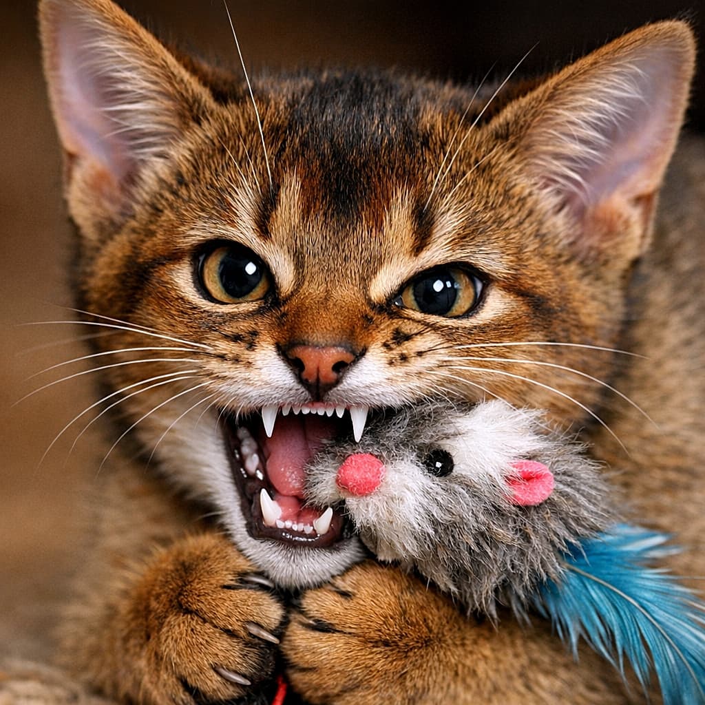 A close-up of a playful 4.5-month-old ruddy Abyssinian kitten biting a mouse toy, showing bright white teeth and intense eyes. ネズミのおもちゃを噛む生後4.5か月のルディカラーのアビシニアンの子猫のアップ。白い歯と鋭い視線が印象的