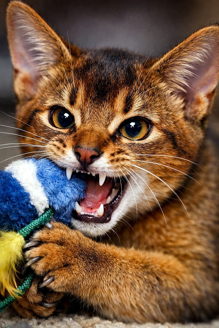A close-up of a playful 4.5-month-old ruddy Abyssinian kitten biting a toy, showing bright white teeth and intense eyes. おもちゃを噛む生後4.5か月のルディカラーのアビシニアンの子猫のアップ。白い歯と真剣な目が印象的