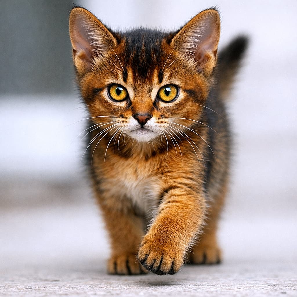 A confident three-month-old ruddy Abyssinian kitten walking toward the camera with bright golden eyes and a rich burnt sienna coat with black ticking. 明るい金色の目と黒いティッキングの入った赤褐色の毛並みを持ち、カメラに向かって自信たっぷりに歩く生後3か月のルディ・アビシニアンの子猫
