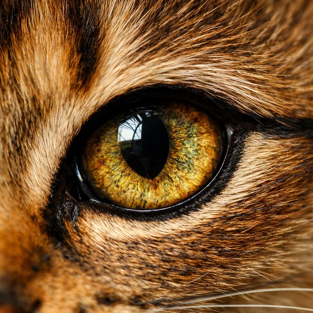Extreme macro close-up of a ruddy Abyssinian kitten’s eye with a hazel-gold iris, vertical black pupil, and distinct dark eyeliner marking, surrounded by sharply detailed ticked fur. ラディ・アビシニアンの子猫の目を極端にクローズアップしたマクロ写真。はちみつ色の虹彩と縦長の瞳孔、アイラインのような黒い縁取りと細かな毛並みがはっきり写っている