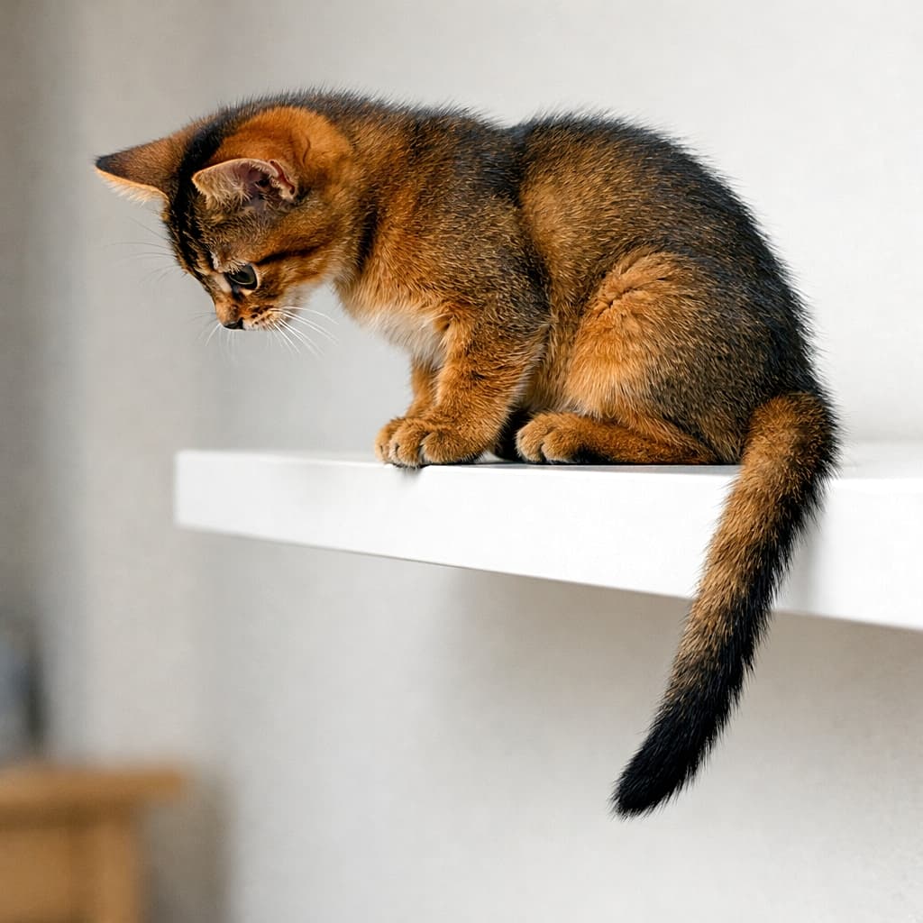 A 9.5-week-old Ruddy Abyssinian kitten perches on the very edge of a high white shelf, shown in side profile while gazing down at the floor, with its long tail hanging freely in midair, clearly separated from the shelf. 高い白い棚の先端にちょこんと座り、床を見下ろす生後9.5週のルディ・アビシニアンの子猫。横向きの構図で、長いしっぽは棚から離れて空中に垂れている