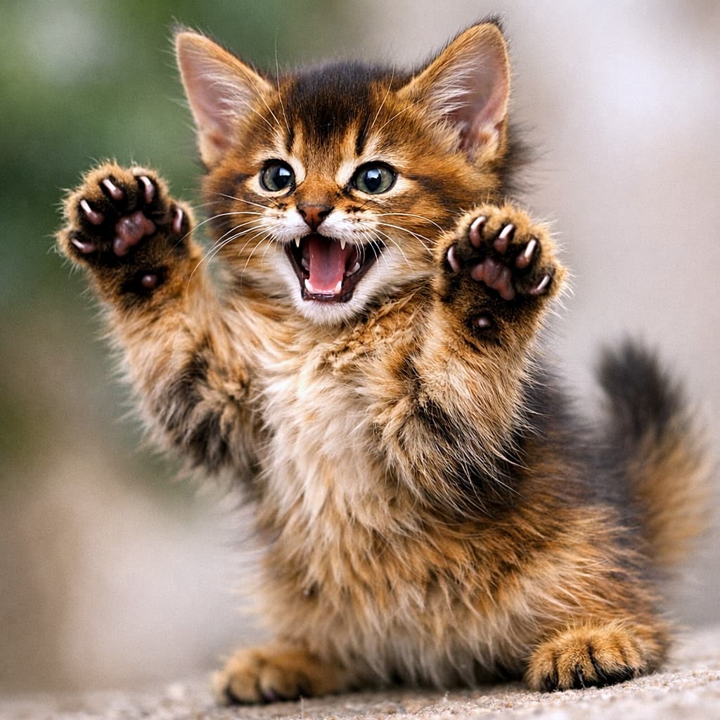 A 7.5-week-old ruddy Abyssinian kitten with paws raised and mouth open, play-fighting against a blurred background. 前足を上げて口を開け、じゃれながら遊ぶ生後7.5週のルディカラーのアビシニアンの子猫