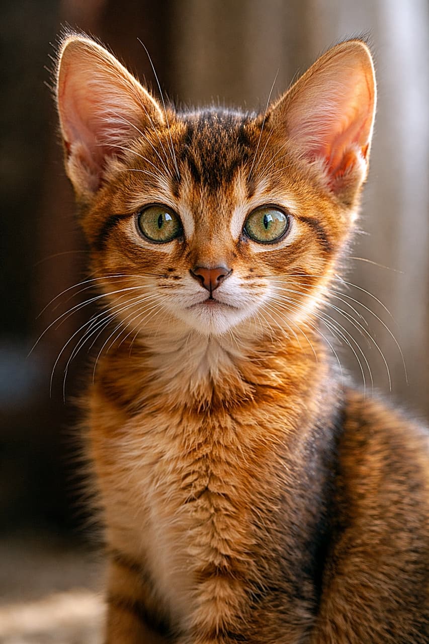 A portrait of a 10-week-old ruddy Abyssinian kitten with clear gold-green eyes, staring intently in soft sunlight that highlights its warm orange coat. やわらかな日差しに照らされ、金緑色の瞳でじっと見つめる生後10週のルディ・アビシニアンの子猫のポートレート