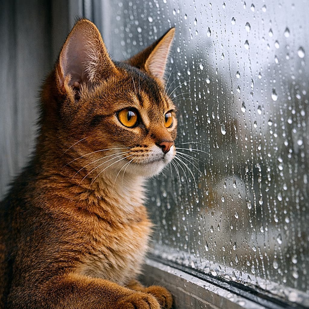 A 5-month-old ruddy Abyssinian kitten with large alert ears and golden eyes gazes out a rain-streaked window on a rainy day. 雨の日、しずくの付いた窓の外を見つめる生後5か月のルディ・アビシニアンの子猫。大きな耳と金色の瞳が印象的