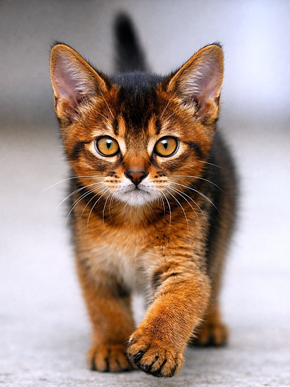A confident three-month-old ruddy Abyssinian kitten walking toward the camera with bright golden eyes and a rich burnt sienna coat with black ticking. 明るい金色の目と黒いティッキングの入った赤褐色の毛並みを持つ、カメラに向かって自信たっぷりに歩く生後3か月のルディ・アビシニアンの子猫