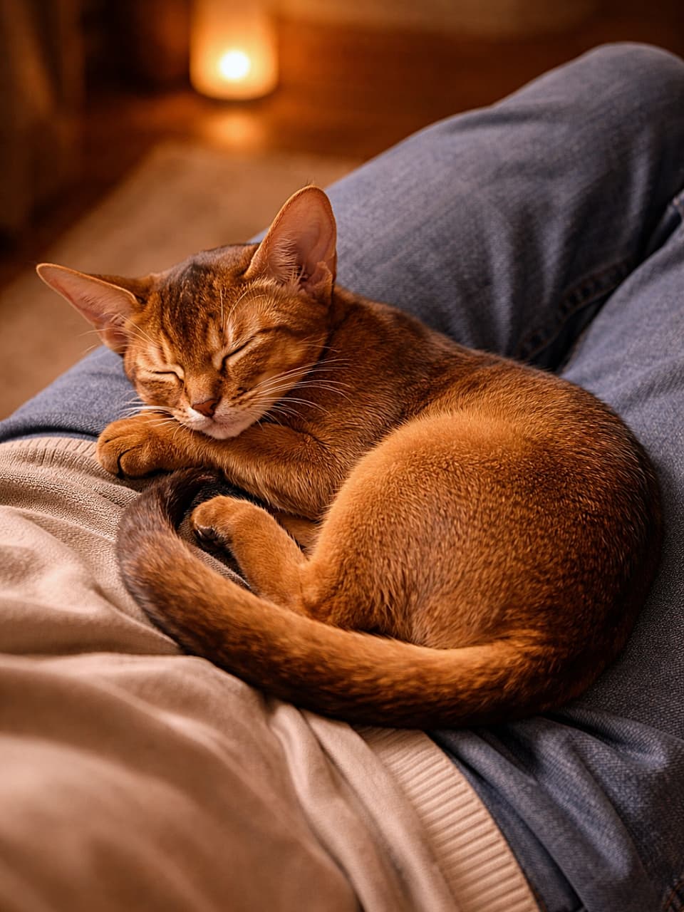 A six-month-old ruddy Abyssinian cat sleeping peacefully on its owner’s lap under warm indoor lighting. 暖かい室内の光の中で、飼い主の膝の上で安心して眠る生後6か月のルディのアビシニアン