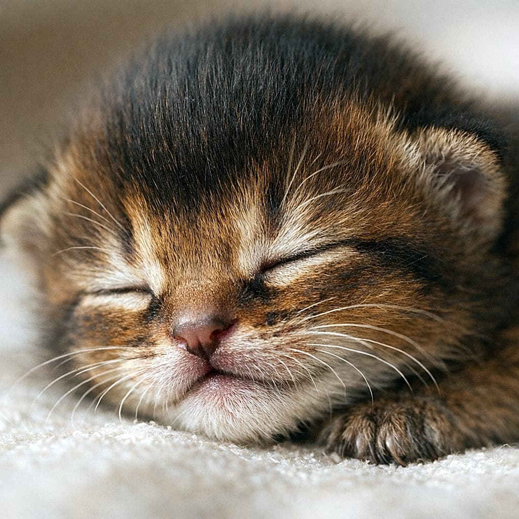Close-up of a sleeping 6-day-old ruddy Abyssinian kitten resting on a soft blanket, with closed eyes, tiny pink nose, and detailed dark ruddy fur in warm morning light. 柔らかなブランケットの上で、生後6日のルディカラーのアビシニアンの子猫が、目を閉じて小さなピンクの鼻を見せながら眠っているアップの写真