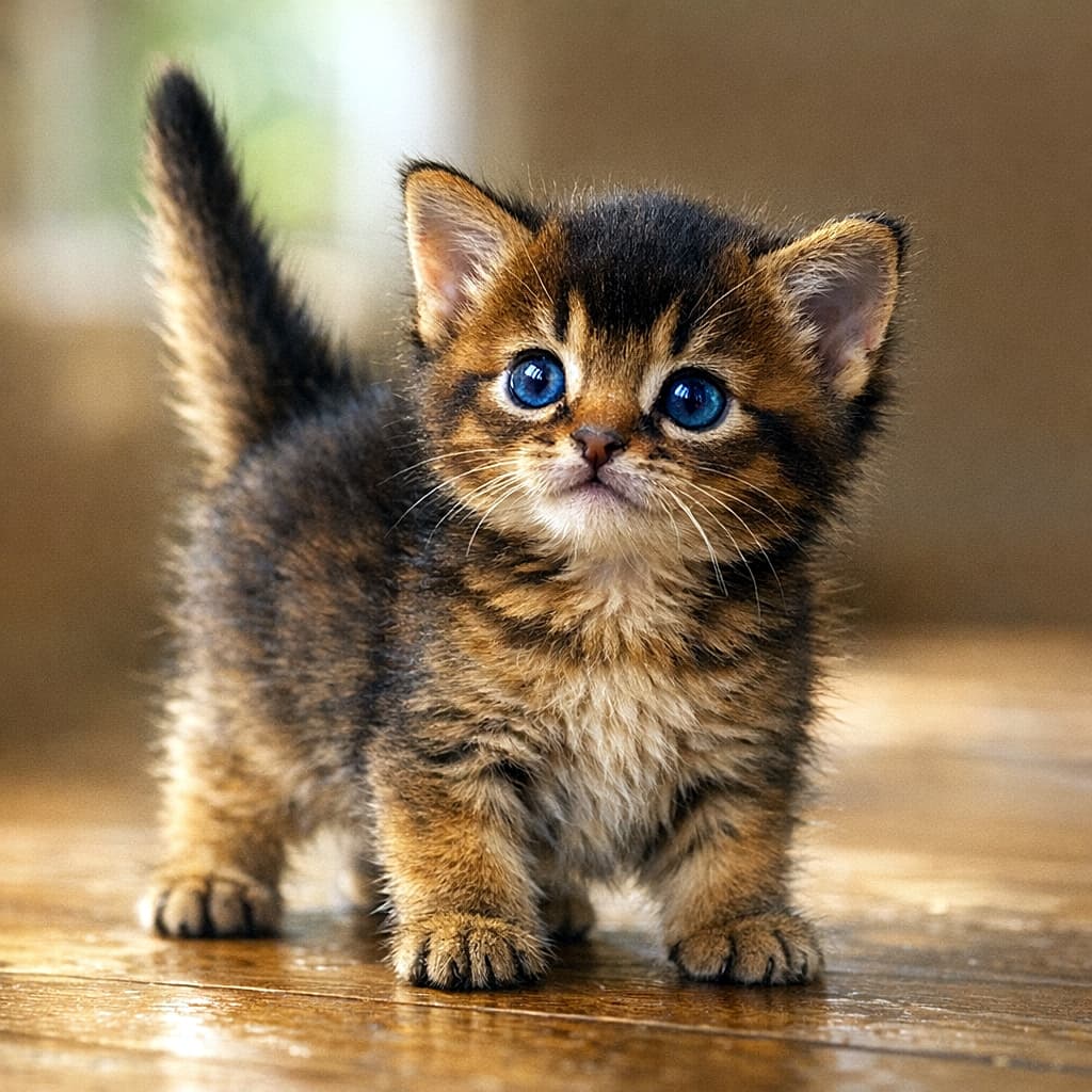 A curious two-week-old ruddy Abyssinian kitten standing on a wooden floor in soft sunlight, tail held upright, with bright blue eyes and warm brown fur. 柔らかな日差しの木の床に立つ、生後2週間のルディ・アビシニアンの子猫。しっぽを立て、青い目でこちらを見つめている