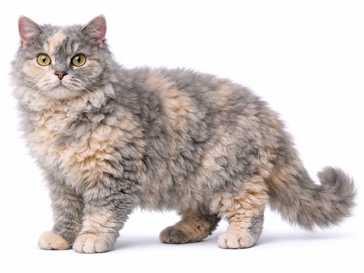 「くるくる被毛とやさしい色合いが魅力！ぬいぐるみ感満載のセルカークレックスさん🐾」Photorealistic full-body Blue-Cream (Dilute Tortie) Selkirk Rex cat with a thick curly coat standing against a clean white background, showing detailed fur texture, natural color variation, and realistic eye reflections. 白背景の前に立つ、厚くカールした被毛を持つブルークリーム（ダイリュートトーティー）のセルカークレックス猫。毛並みの質感や自然な色の変化、リアルな瞳の反射が表現された全身写真