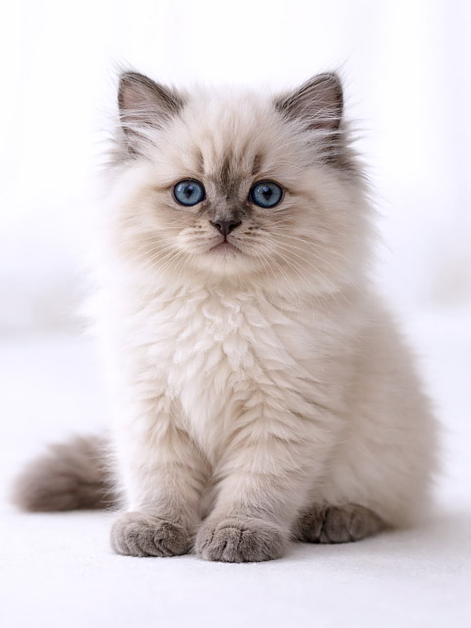 「ふわもこ王子降臨！吸い込まれそうな青い瞳に、思わず時間が止まるかわいさ」Photorealistic full-body Blue Point Himalayan kitten sitting on a white background, with fluffy cream fur, gray-blue points on ears, face, paws, and tail, and bright blue eyes looking forward. 白背景に座るブルーポイントのヒマラヤン子猫の全身写真。ふわふわのクリーム色の被毛に、耳・顔・足・しっぽに青灰色のポイントが入り、青い瞳で正面を見つめている