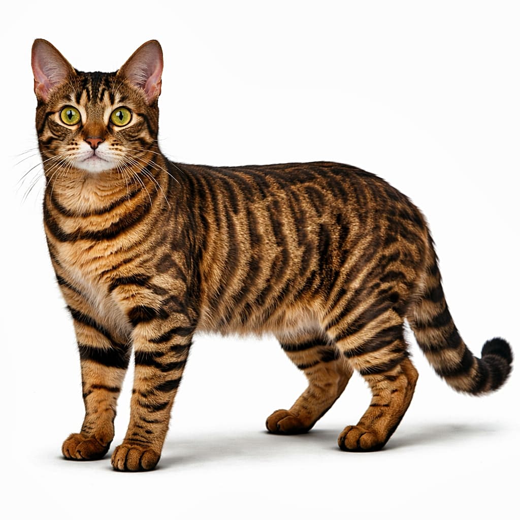 「まるでミニチュアタイガー！迫力しま模様が美しいトイガーさん登場」Photorealistic full-body Toyger cat with bold brown mackerel tabby tiger-like stripes standing against a clean white background. 白背景の前に立つ、虎のようなブラウンマッカレルタビー模様を持つトイガーの全身フォトリアル画像