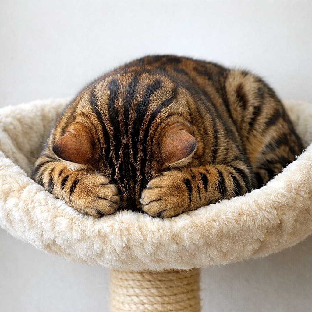 「キャットタワーのハンモックで全力のごめん寝！顔をぎゅっと隠して「反省してます…たぶん。」と言っていそうなベンガル猫さん🐾」Photorealistic adult Bengal cat sleeping in a cat tower hammock in the classic Japanese “gomen-ne” pose, head pressed down and paws covering its face. キャットタワーのハンモックで顔を隠すように頭を押しつけ、前足で覆う「ごめん寝」をしているベンガル猫