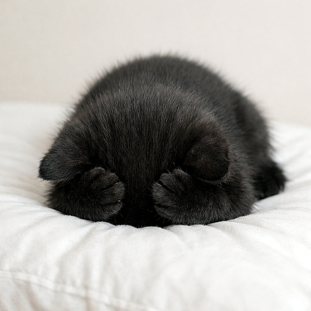 「「ごめんなさい…」って謝ってるみたい？枕に顔をうずめてぐっすり眠る黒猫のごめん寝。思わずクスッと笑ってしまう癒やしの瞬間です🐾💤」Black kitten in the classic Japanese “gomen-ne” pose, sleeping with its head pressed into a pillow and paws covering its face 枕に顔を押しつけて前足で顔を隠しながら眠る、黒い子猫の「ごめん寝」ポーズ