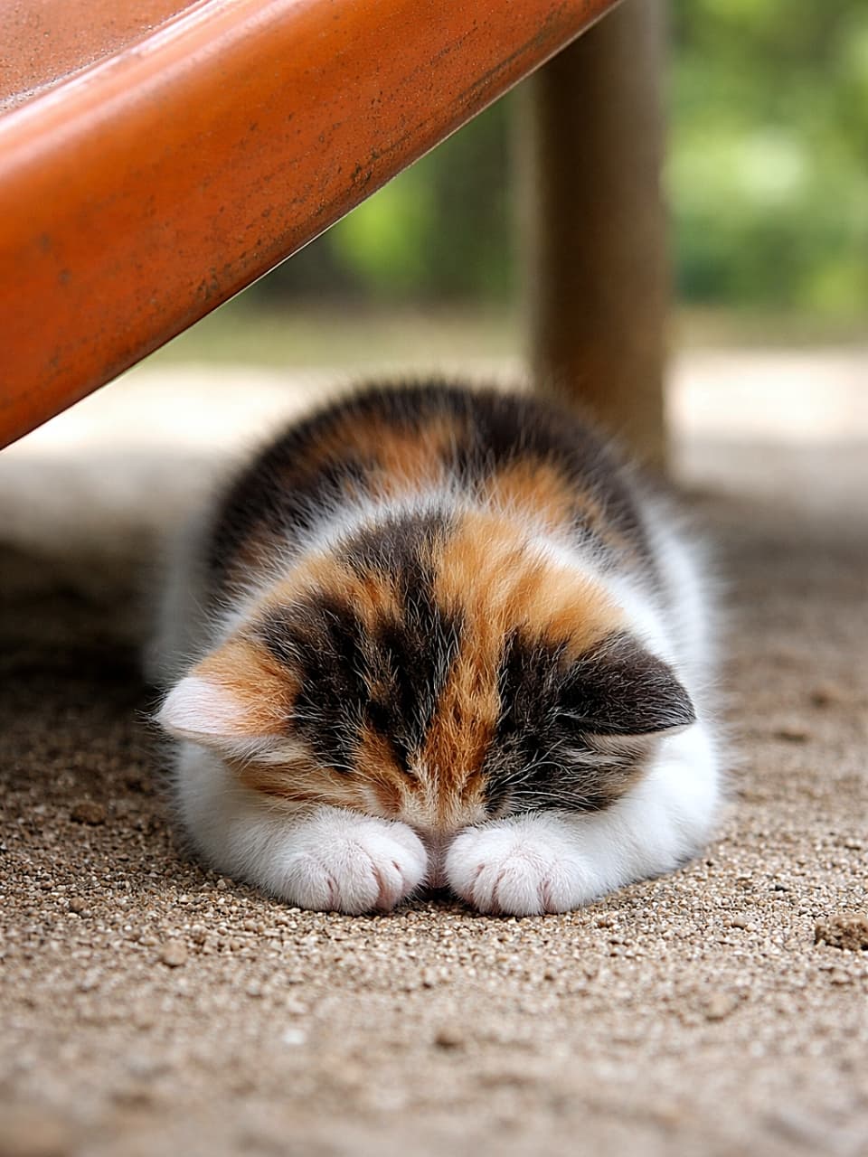 「滑り台の下でこっそり「ごめん寝」中の三毛の子猫。顔をすっぽり前足で隠して夢の中…思わず「何を謝ってるの？」と聞きたくなる可愛さです🐾」Calico kitten doing a classic “gomen-ne” apology pose under a park slide, sleeping with its head pressed to the ground and paws covering its face. 公園の滑り台の下で、地面に顔を押しつけ前足で顔を隠す「ごめん寝」ポーズで眠る三毛の子猫
