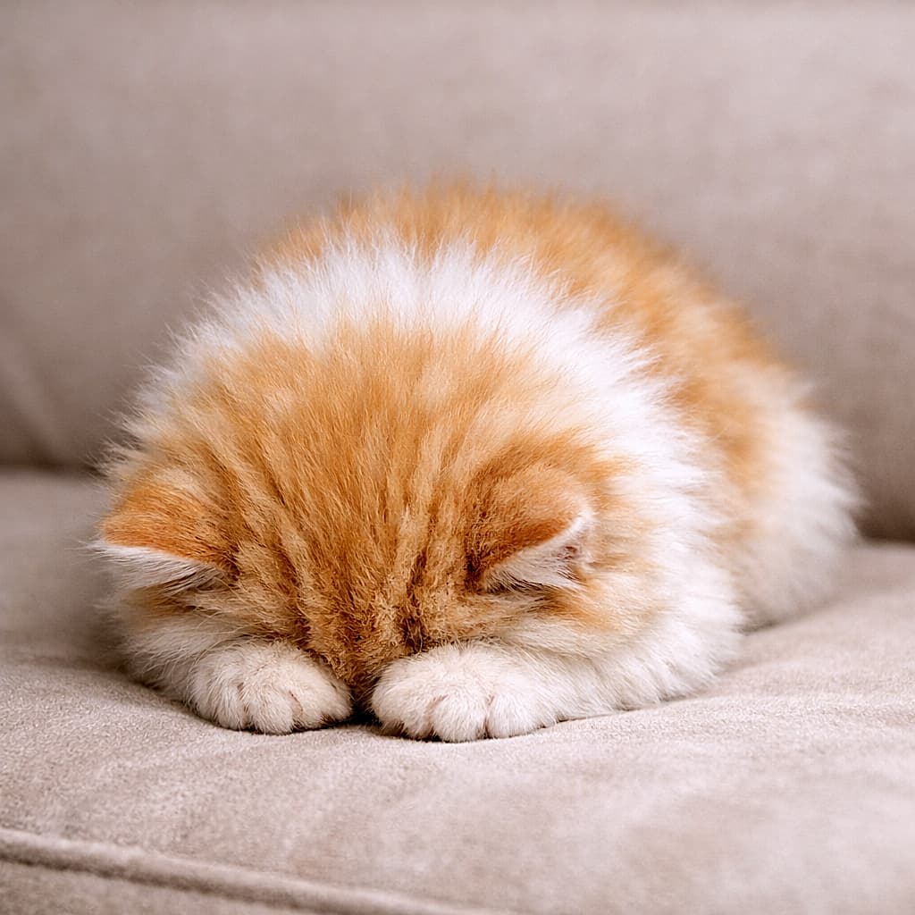 「ソファの上で見事な「ごめん寝」発動中のペルシャ子猫。顔をぎゅっと隠してぐっすり夢の中…これはもう、かわいさ反則レベルです🐱💤」Sleeping 8-week-old Persian kitten in the classic Japanese “gomen-ne” pose on a plush sofa, head pressed down and paws covering its face, photorealistic.　ふかふかのソファの上で「ごめん寝」ポーズで眠る生後8週のペルシャ子猫。頭を押しつけ、前足で顔を隠している可愛い姿
