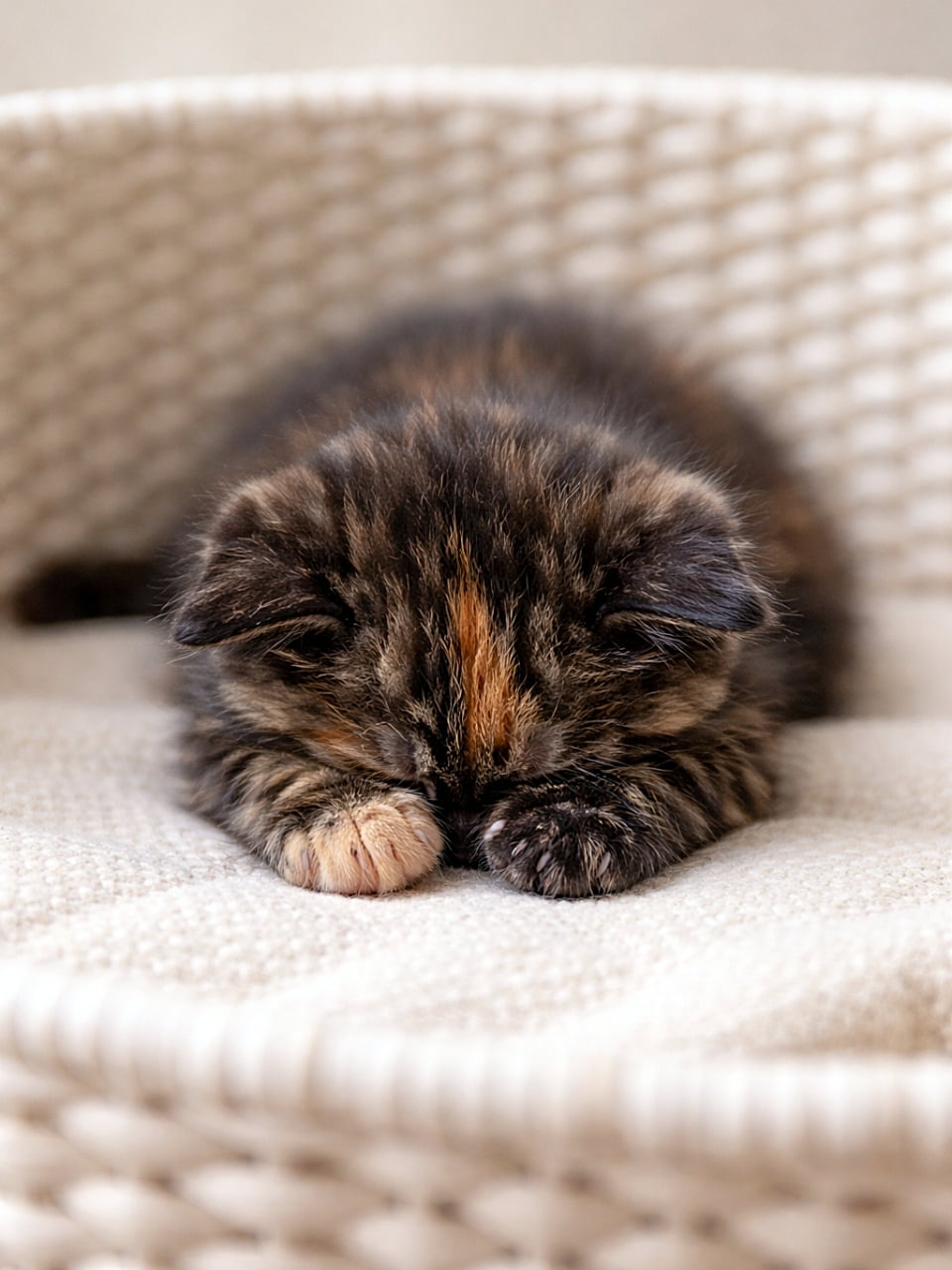 「洗濯かごの中でこっそり「ごめん寝」。顔を前足で隠してぐっすり夢の中のサビ猫ちゃん。見ているだけで思わずほっこりする癒やしの瞬間です🐱」A 7-week-old tortoiseshell kitten sleeping in a laundry basket in the classic Japanese “gomen-ne” pose, with its head pressed down and paws covering its face. 洗濯かごの中で頭を押しつけ、前足で顔を隠す「ごめん寝」のポーズで眠る生後7週のサビ柄の子猫