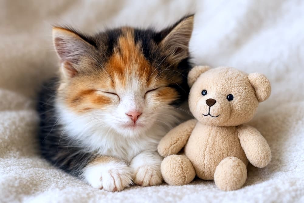 「ぬいぐるみと一緒に、ふわふわ夢の国。三毛ねこ、すやすやおやすみ中」Photorealistic long-haired calico kitten sleeping beside a small beige plush toy on a soft cream-colored blanket, eyes closed and body relaxed. フォトリアルな長毛の三毛猫の子猫が、クリーム色の柔らかな毛布の上でベージュのぬいぐるみのそばに寄り添って眠っている。目を閉じ、安心した姿が愛らしい