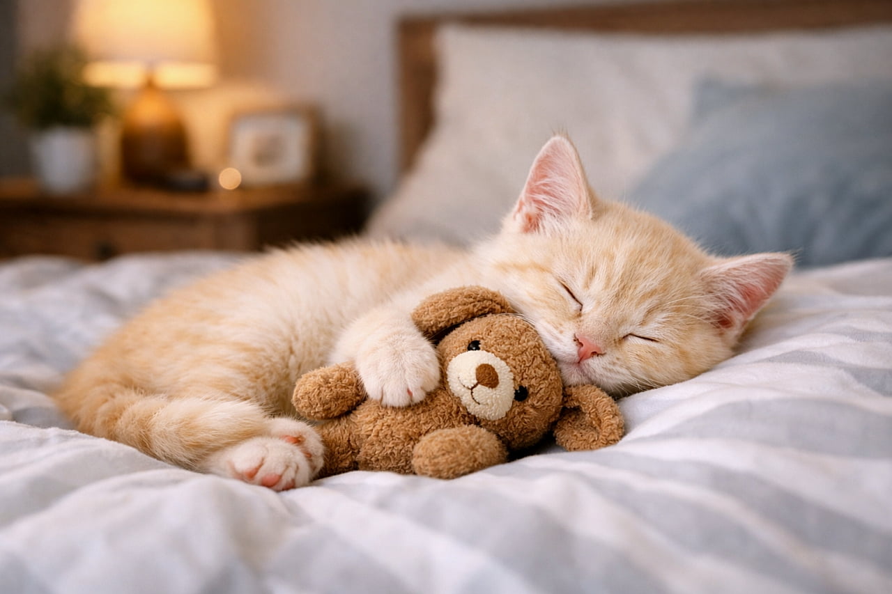 「お気に入りのぬいぐるみと一緒に夢の中でスヤスヤ♪」A cream-colored kitten sleeping peacefully on a bed, hugging a small brown stuffed bear, with a cozy bedroom background. クリーム色の子猫がベッドで小さな茶色のぬいぐるみを抱えてぐっすり眠る、居心地の良い寝室の背景