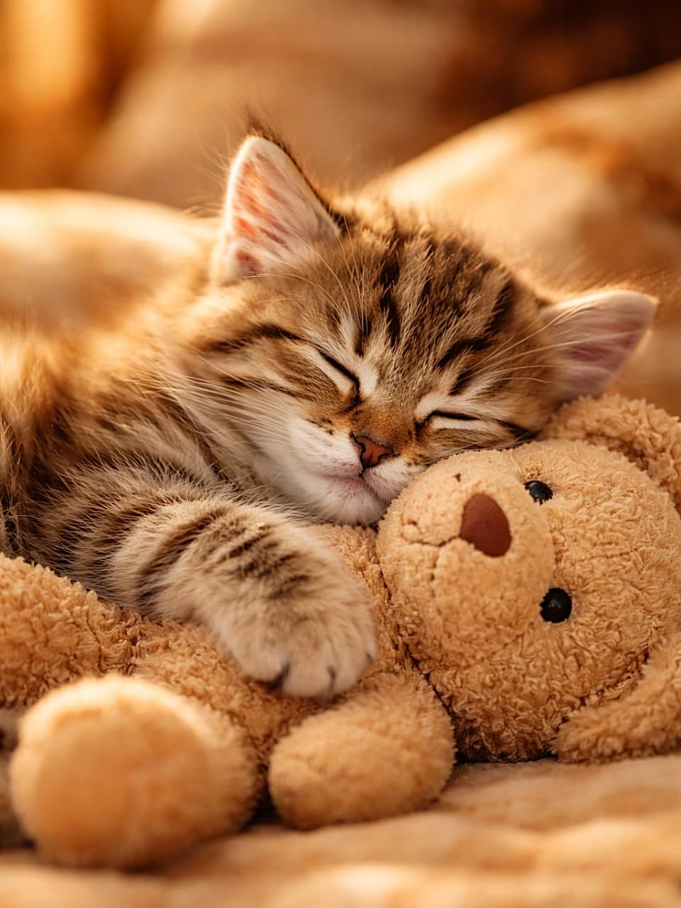 「テディベアと一緒にスヤスヤ💤幸せいっぱいの子猫タイム！」A fluffy tabby kitten sleeping peacefully while using a soft teddy bear as a pillow, warm lighting, photorealistic. ふわふわの縞模様の子猫が、柔らかいテディベアを枕にして穏やかに眠る、暖かい光の中の写真風描写