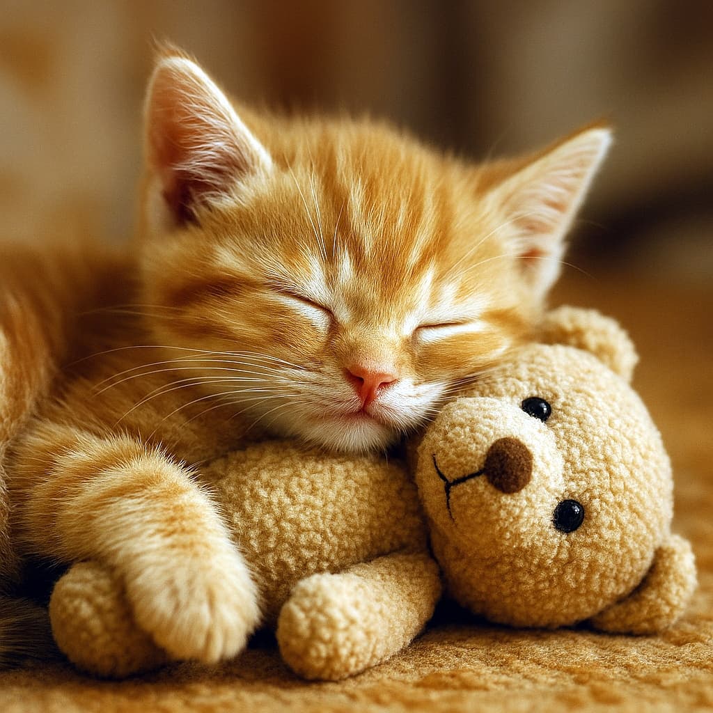 「ふわふわのぬいぐるみに寄り添って、夢の中へ…あったか子猫のまどろみタイム♪」A photorealistic image of a ginger kitten peacefully sleeping with its head resting on a beige plush teddy bear, surrounded by warm lighting and a cozy background. ベージュのぬいぐるみのクマに頭を乗せて眠る茶トラの子猫を写した写実的な画像。暖かい照明と居心地の良い背景に包まれている