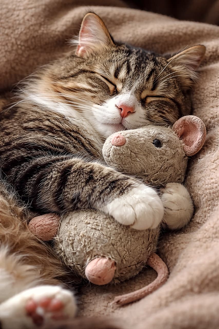 「お気に入りのネズミぬいぐるみをぎゅっと抱っこ。幸せそうに眠る猫の姿に、見ているこちらまでほっこり🐭🐱💤」A sleeping tabby cat hugging its favorite worn plush mouse toy on a soft blanket. 柔らかい毛布の上で、お気に入りの少しくたびれたネズミのぬいぐるみを抱きしめて眠るキジトラ猫