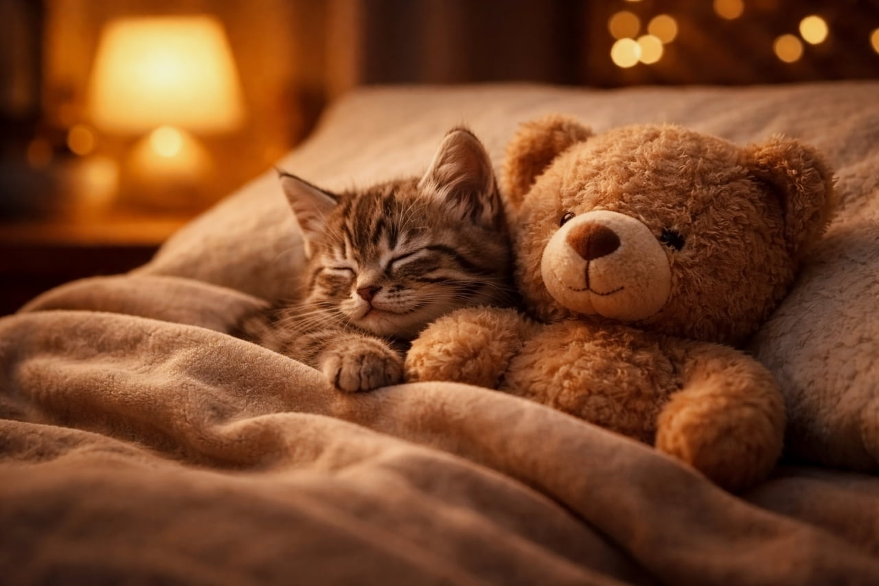 「遊び疲れてスヤスヤ…💤大きなテディベアに守られて、一体どんな素敵な夢を見ているのかな？🧸✨」A small tabby kitten sleeping soundly next to a fluffy brown teddy bear under a soft blanket, illuminated by warm and cozy ambient lighting in a bedroom setting. 暖かい寝室の照明に照らされ、ふかふかの毛布の下で茶色いテディベアのぬいぐるみの隣でぐっすりと眠っているキジトラの子猫
