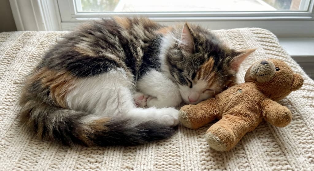 A fluffy calico kitten sleeps curled up beside a worn teddy bear on a knitted beige blanket. ふわふわの三毛子猫が、使い込まれたテディベアの隣でベージュの編み毛布の上に丸くなって眠っている