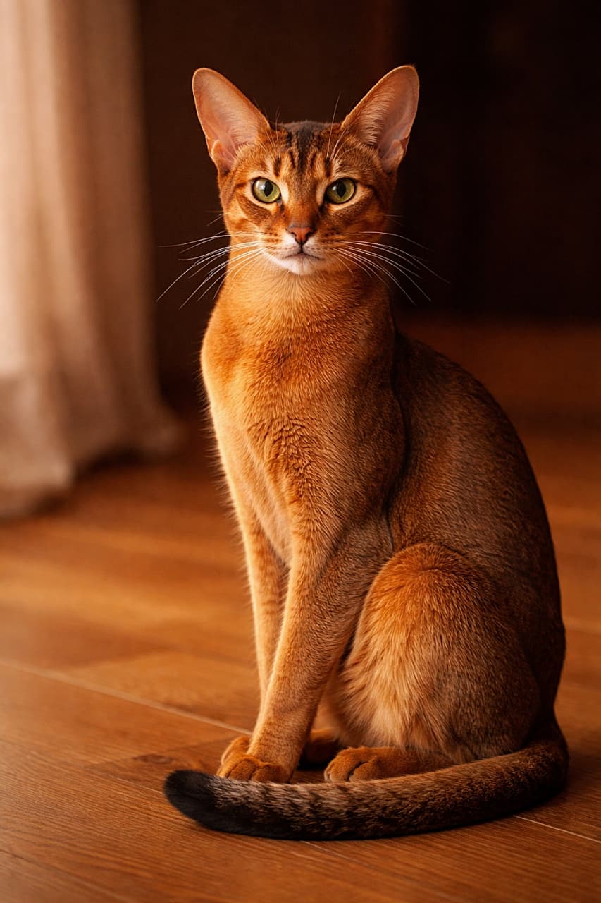 「夕暮れのやさしい光に包まれて、気品たっぷりに座るアビシニアン。ルディカラーのなめらかな毛並みとキリッとした表情が、まるで小さな王様みたいな一枚✨」Photorealistic Abyssinian cat with a ruddy coat sitting elegantly in warm lighting, showing smooth fur texture and alert green eyes. 温かい光の中で優雅に座るルディカラーのアビシニアン。なめらかな毛並みと澄んだ瞳が美しいフォトリアルな猫のポートレート