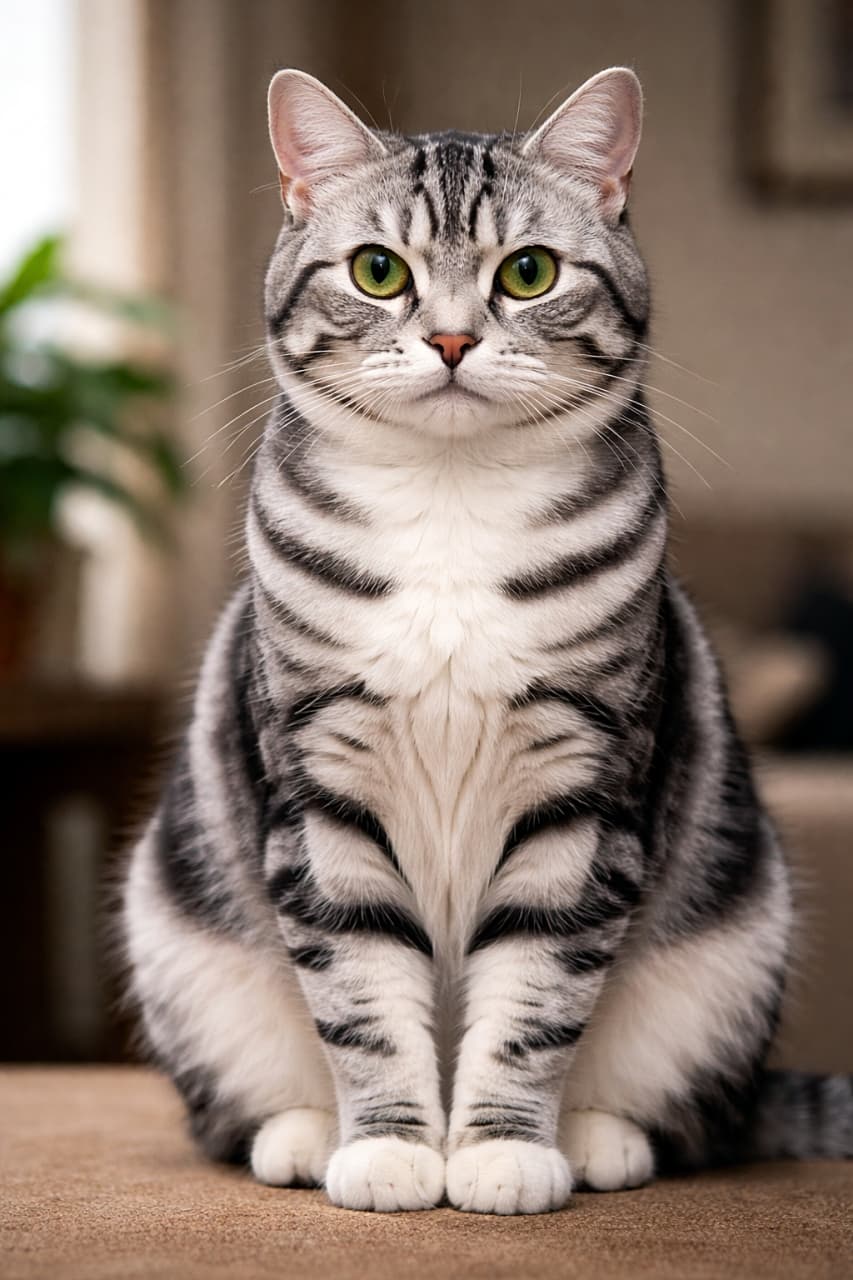 「クラシックシルバータビーのアメリカンショートヘア。まっすぐ座った姿と左右対称のきれいな顔立ち、澄んだ瞳に思わず見つめ返したくなる王道の美猫ショット」Photorealistic American Shorthair cat with a classic silver tabby coat sitting upright, symmetrical face, clear green eyes, and soft indoor lighting. クラシックシルバータビーのアメリカンショートヘアが、柔らかな室内光の中でまっすぐ座っているフォトリアルな猫の写真。左右対称の顔と澄んだ目が印象的