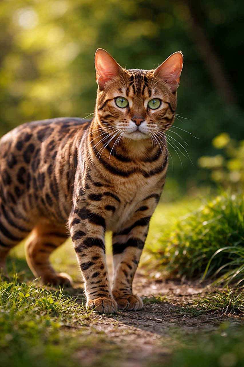「野生の雰囲気をまとったベンガル猫がキリッと立ち姿!スポット模様の美しさと鋭いまなざしが光る、ワイルドでかっこいい一枚です。🐆🐱✨」Photorealistic Bengal cat with a brown spotted coat standing alert outdoors in warm natural sunlight, sharp green eyes and muscular body visible against a softly blurred background. 自然光の中で警戒するように立つブラウンのスポット模様のベンガル猫。鋭いグリーンの瞳としなやかな体つきが印象的なフォトリアル画像