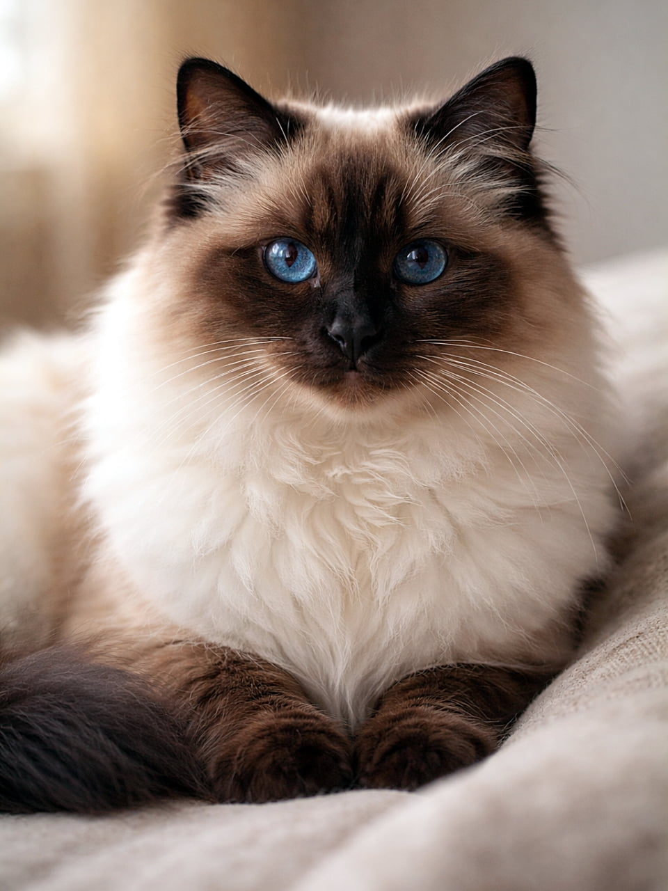 「深いブルーの瞳が印象的なシールポイントのバーマン。ふわふわの毛並みと穏やかな表情に、見ているだけで心が静かにほどけていく癒やしのひととき」Photorealistic Birman cat with seal point coloration and deep blue eyes, resting calmly in soft warm lighting with a serene atmosphere. シールポイントのバーマン猫。深い青い瞳で落ち着いた表情を見せ、柔らかな光の中で穏やかな雰囲気に包まれているフォトリアルな猫のポートレート