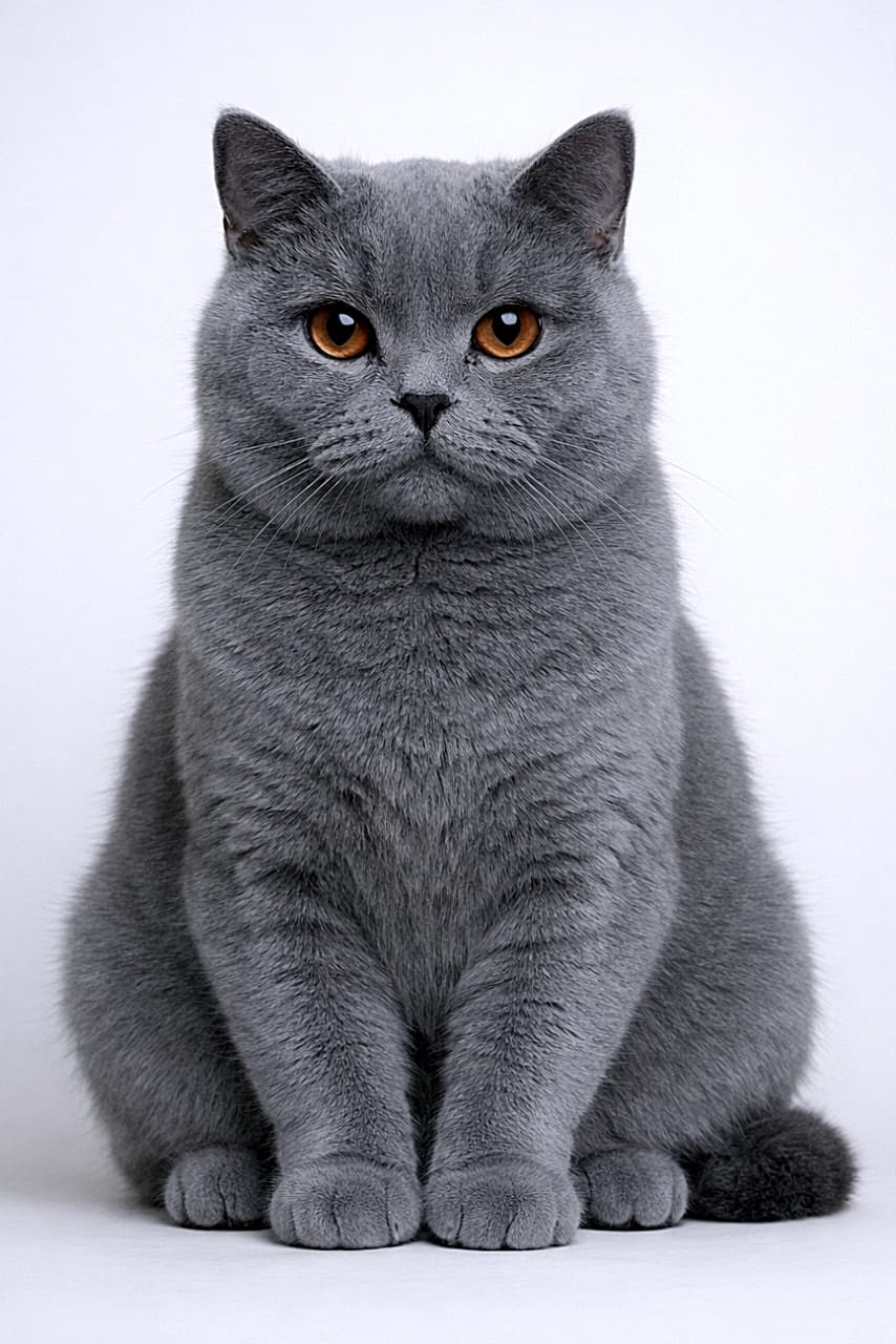 「静けさも気品も全部持ってる。真正面から見つめ返す、英国紳士ならぬ英国にゃん」A blue British Shorthair cat sitting calmly and facing the camera, with a symmetrical face, soft studio lighting, and a minimalist background. シンメトリーな顔立ちのブルーのブリティッシュショートヘアが、ミニマルな背景で正面を向いて静かに座っている様子