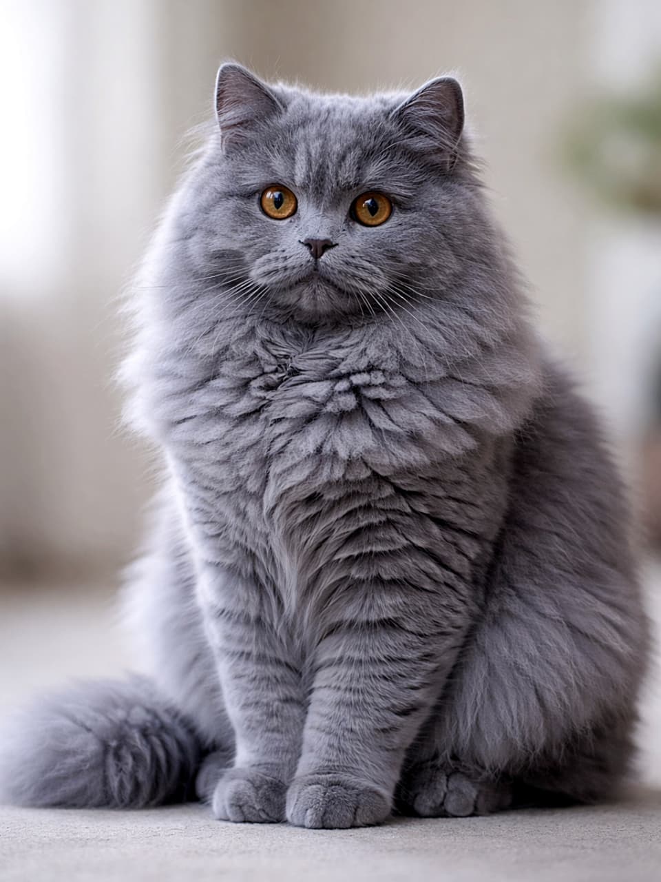 「ふわっふわのブルーコートが魅力のブリティッシュロングヘア。やさしい光の中でちょこんとおすわり、その気品とモフモフ感に思わず見とれてしまう一枚です🐾」Photorealistic British Longhair cat with solid blue fur, fluffy coat, calmly sitting under soft diffused lighting. ふわふわのブルーの被毛を持つブリティッシュロングヘアが、やわらかな光の中で落ち着いて座っているフォトリアルな猫
