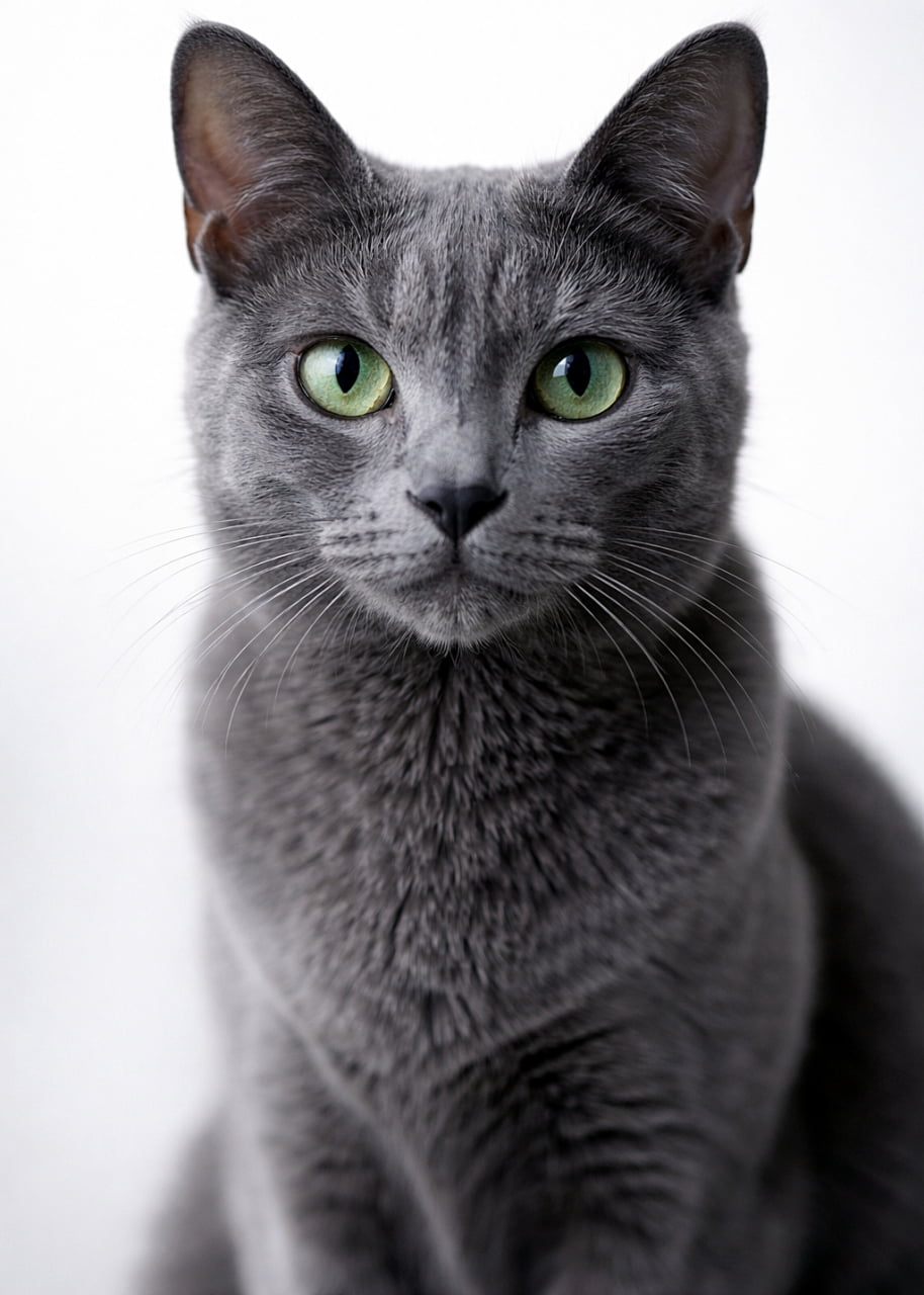 「ハート型フェイスと青みグレーの毛並みが美しいコラット。落ち着いたまなざしでこちらを見つめる、気品たっぷりのフォトリアル猫ポートレートです」Photorealistic Korat cat with blue-gray fur and a heart-shaped face, calmly gazing forward against a minimal background. 青みがかったグレーの毛並みとハート型の顔が特徴のコラット猫が、シンプルな背景の前で穏やかな表情でこちらを見つめるフォトリアル画像