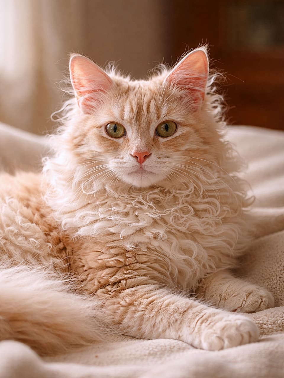 「くるくる巻き毛がチャームポイント!クリーム色のラパーマ猫がふわふわの毛布の上でのんびりリラックス。見ているだけで心までふわっとほどける癒やしのひととき🐾」Cream-colored LaPerm cat with curly fur relaxing on a soft blanket, photorealistic, soft warm lighting highlighting its unique wavy coat texture. 柔らかな毛布の上でくつろぐクリーム色のラパーマ猫。くるくるとした独特の巻き毛がやさしい光に照らされたフォトリアルなシーン