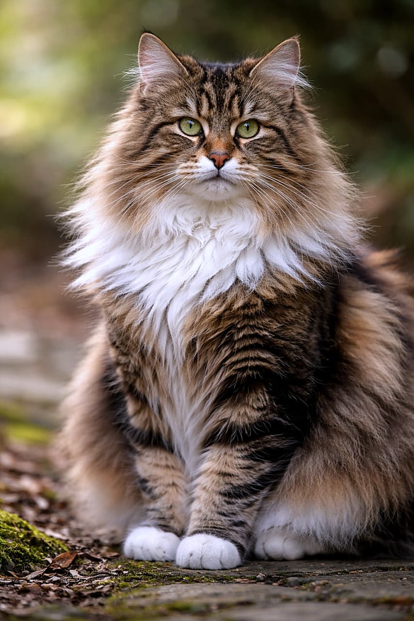 「ふわっふわの被毛と落ち着いた眼差しが王者の風格!森の妖精とも呼ばれるノルウェージャンフォレストキャット、堂々たるおすましポートレート🐾」Photorealistic Norwegian Forest Cat with brown tabby fur sitting in a dignified pose, thick fluffy coat, calm eyes, soft natural lighting. ブラウンタビーのノルウェージャンフォレストキャットが堂々と座る姿。ふさふさの厚い被毛と落ち着いた瞳、自然光で撮影されたリアルな猫のポートレート