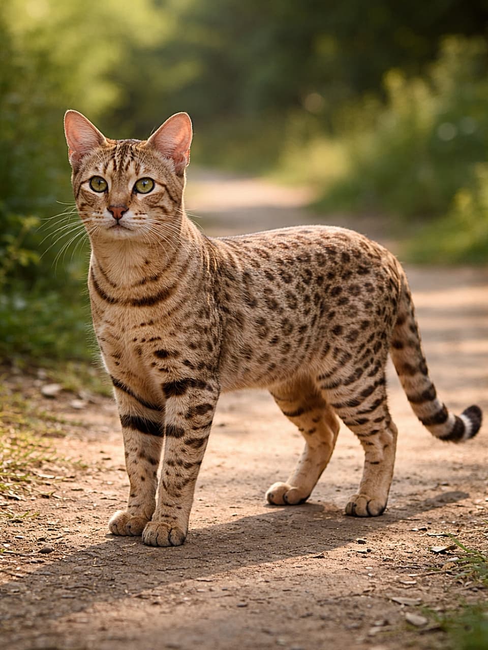 「ワイルドなヒョウ柄スポットがかっこいいオシキャット。自然光の中で堂々と立つ姿はまるで小さな野生のハンター。クールな存在感に思わず見とれちゃう一枚! 🐆🐾」Photorealistic Ocicat with a spotted coat and athletic body standing calmly on a sunlit path in natural light. 自然光の中で落ち着いて立つ、斑点模様の被毛と引き締まった体つきが美しいオシキャットのフォトリアル画像
