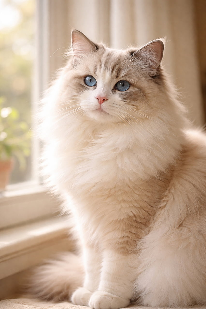 「ふわふわのクリーム色の毛並みと、宝石みたいなブルーの瞳。やさしい光に包まれて、まるで絵本の世界から出てきたようなラグドール猫の癒やしポートレート✨」Photorealistic Ragdoll cat with cream-colored fluffy fur and blue eyes, sitting calmly in soft daylight with a gentle expression. クリーム色のふわふわの被毛と青い瞳を持つラグドール猫。柔らかな自然光の中で穏やかな表情を見せるフォトリアルな姿