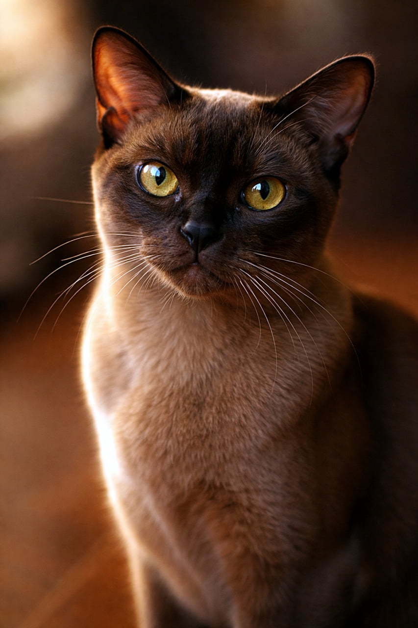 「ぬくもりの光に包まれたセーブルのバーミーズ。なめらかな毛並みとキラリと輝く瞳が魅力の、美しさと気品あふれる一枚です🐾」Photorealistic portrait of a sable Burmese cat with smooth short fur and expressive golden eyes, illuminated by warm soft lighting. 暖かい光に照らされた、滑らかな短毛と表情豊かな金色の目を持つセーブルカラーのバーミーズ猫のフォトリアルなポートレート