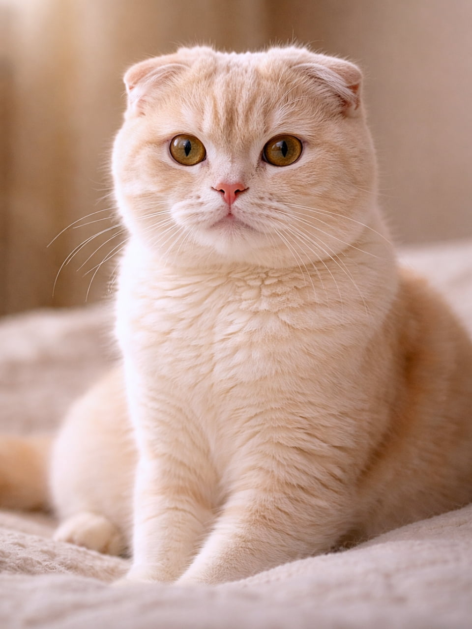 「ふわふわクリーム色のスコティッシュフォールド。折れ耳とまんまるおめめで、やさしい光の中にちょこんと座る姿に思わずほっこり」Cream-colored Scottish Fold cat with folded ears and a calm expression sitting in soft warm lighting, photorealistic close-up portrait. クリーム色の毛並みと折れ耳が特徴のスコティッシュフォールド。やわらかな光の中で落ち着いた表情を見せるフォトリアルな猫のクローズアップ