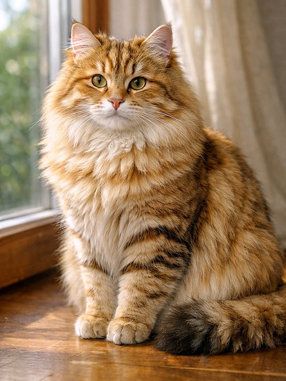 「窓辺でまったりくつろぐ、ゴールデンタビーのシベリアンキャット。ふわっふわのゴージャス毛並みと優しいまなざしに、思わず時間を忘れて見とれてしまう癒やしの一枚」Photorealistic Siberian cat with golden tabby fur sitting calmly by a sunlit window, showing its thick luxurious coat and gentle eyes. 窓からの自然光に照らされながら落ち着いて座る、ゴールデンタビーのシベリアンキャット。ふさふさの豪華な毛並みと優しい目が印象的