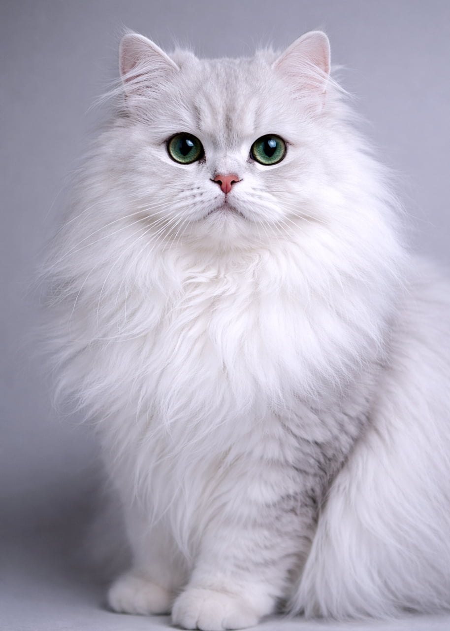 「ふわふわのシルバーチンチラのペルシャ猫。丁寧に整えられた長い被毛と上品な表情が、まるで猫界のプリンスのような気品を漂わせています🐾」Photorealistic portrait of a silver chinchilla Persian cat with perfectly groomed long fur, delicate facial features, and soft studio lighting. 完璧に手入れされた長毛と繊細な顔立ちが美しい、シルバーチンチラのペルシャ猫のフォトリアルなスタジオポートレート