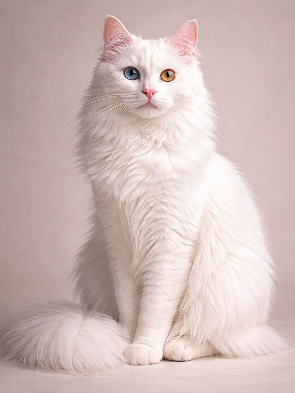 「純白のシルクのような毛並みと神秘的なオッドアイが輝くターキッシュアンゴラ。スタジオのやわらかな光の中で、気品たっぷりにたたずむ美猫ポートレートです」Photorealistic Turkish Angora cat with pure white silky fur, sitting elegantly under soft studio lighting, with bright heterochromia eyes. 純白の長くシルキーな被毛を持つターキッシュアンゴラ。明るいオッドアイで、スタジオの柔らかな光の中に優雅に座る姿