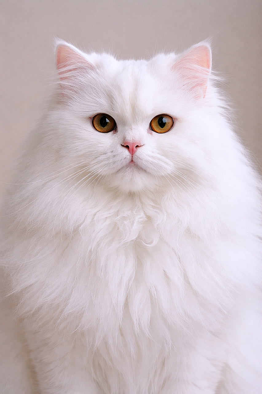 「王族のような気品ただよう白いペルシャ猫。ふわふわのロングヘアと落ち着いた表情が魅力の、スタジオ撮影風フォトリアルにゃんこポートレート!✨」Photorealistic studio portrait of a white Persian cat with perfectly groomed long fur, calm expression, and soft studio lighting, facing forward. 完璧に手入れされた長い白い毛並みを持つペルシャ猫の正面ポートレート。落ち着いた表情でスタジオライトに照らされたフォトリアルな猫