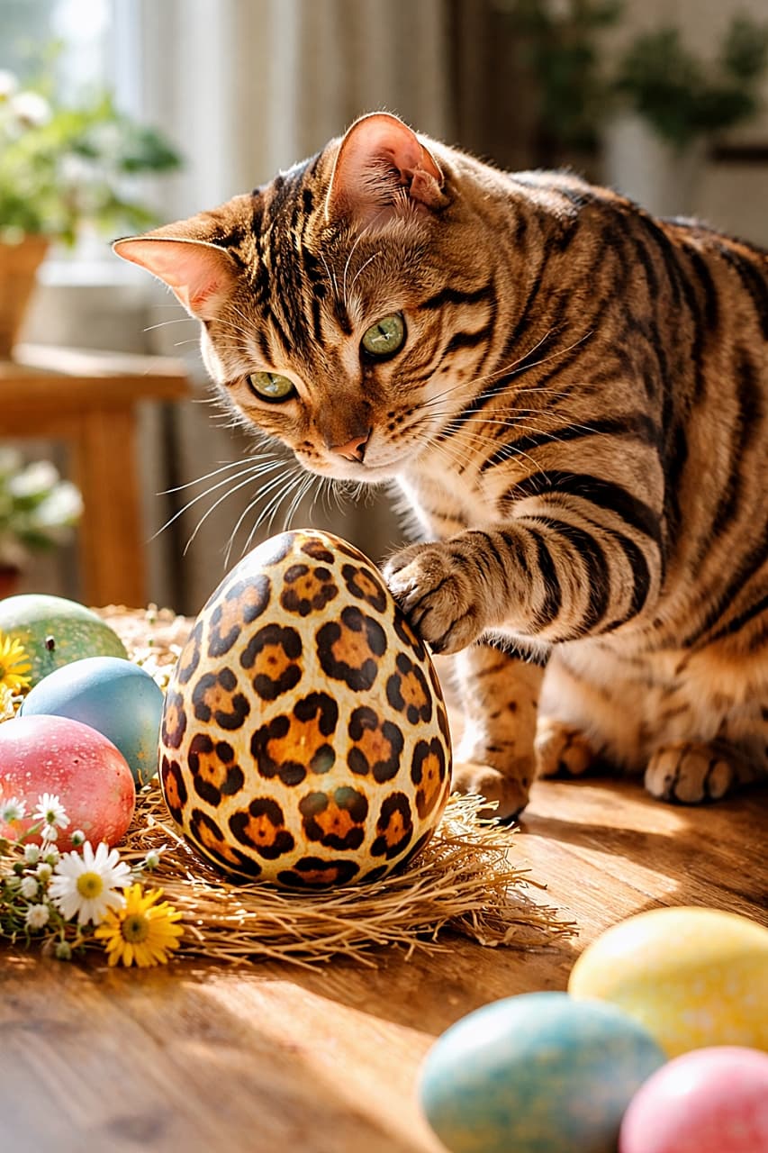 「えっ、この柄…ボクと同じ！？ロゼット模様のベンガル猫がヒョウ柄イースターエッグを発見。思わず確認したくなる“柄かぶり事件”🐾🥚✨」A Bengal cat with rosette patterns curiously examines an Easter egg painted with the same leopard-like pattern, creating a humorous matching design in warm indoor natural light. ロゼット模様のベンガル猫が、自分の毛柄と同じヒョウ柄に塗られたイースターエッグを不思議そうに見つめている室内の写真