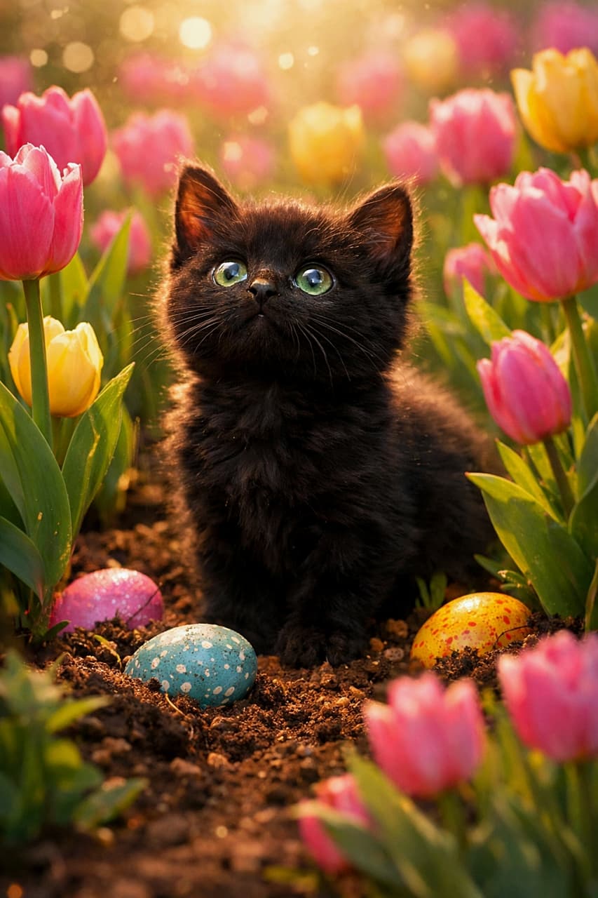 「チューリップ畑で空を見上げる黒い子猫。足元にはこっそり隠れたイースターエッグ！春の魔法みたいな光に包まれて、ちょっとした宝探しが始まりそうなワクワクの瞬間🌷」Black kitten with bright green eyes looking up in a blooming field of pink and yellow tulips, with colorful Easter eggs hidden in the soil, cinematic spring lighting ピンクと黄色のチューリップが咲く花畑で、土に隠れたイースターエッグに囲まれながら上を見上げる緑の瞳の黒い子猫