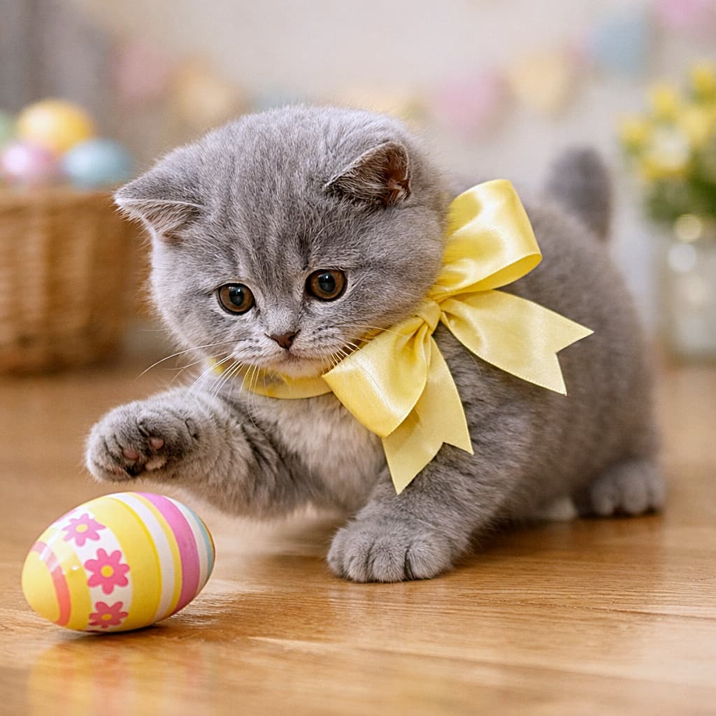 「大きな黄色リボンをつけたブリティッシュショートヘアの子猫。ころころ転がるイースターエッグに夢中でちょいちょい！春らしいパステルカラーに包まれた、ほっこりかわいい遊び時間」A chunky British Shorthair kitten wearing a large pastel yellow ribbon around its neck, playfully batting a colorful Easter egg rolling on the floor indoors. 大きなパステルイエローのリボンを首につけたふっくらしたブリティッシュショートヘアの子猫が、室内で転がるカラフルなイースターエッグにじゃれて遊んでいる様子
