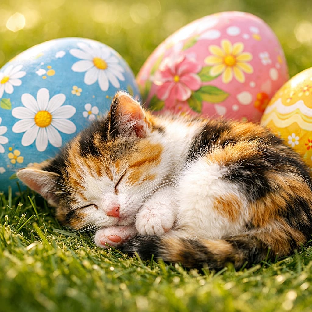 「ぽかぽか春の芝生で、三毛の子猫がイースターエッグのそばでお昼寝中。カラフルなたまごに囲まれて、夢の中でも春を満喫していそうなやさしいひとコマです🐣🌸」Calico kitten sleeping peacefully on green grass beside beautifully painted Easter eggs in warm sunlight, macro photography 暖かな日差しの中、カラフルなイースターエッグのそばで芝生の上に丸くなって眠る三毛の子猫