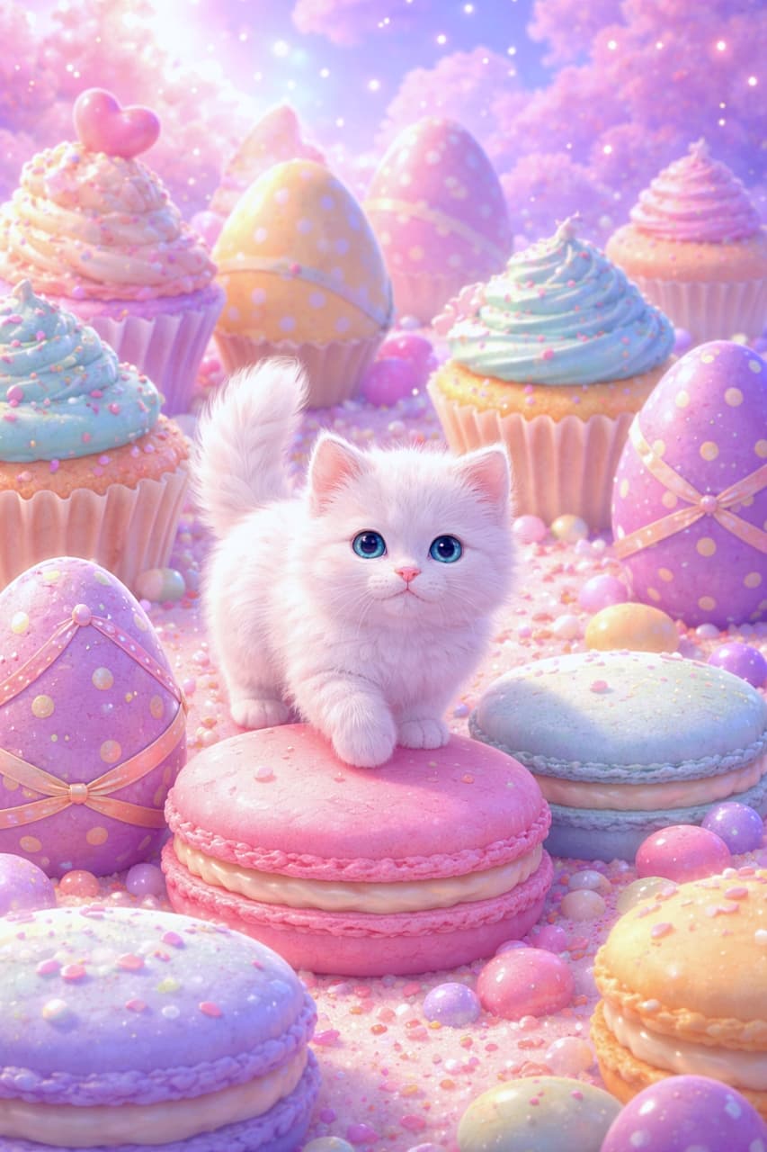「マカロンの上をちょこちょこ探検♪カップケーキとイースターエッグに囲まれた、甘くて夢いっぱいのスイーツワンダーランドに迷い込んだ白猫さん！🐾」Fluffy white kitten walking on a giant pink macaron in a fantasy candy land filled with pastel cupcakes, macarons, and decorated Easter eggs. 巨大なマカロンの上を歩くふわふわの白い子猫。パステルカラーのカップケーキやマカロン、イースターエッグに囲まれたお菓子のファンタジー世界