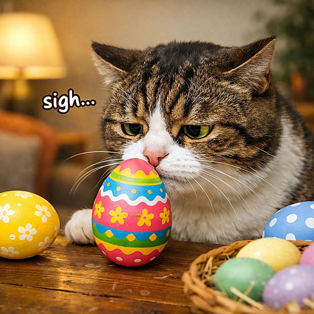 「カラフルなたまごをクンクン…「これは絶対おやつ！」と思った猫さん。でもただのイースターエッグと判明して、ちょっぴりしょんぼり顔。期待しすぎたね🐱🥚」Cat sniffing a brightly painted Easter egg with a disappointed expression, realizing it is not food, cozy home interior with colorful eggs. カラフルなイースターエッグの匂いを嗅いで、食べ物ではないと気づきがっかりした表情の猫。暖かい室内にイースターエッグが並ぶコミカルなシーン